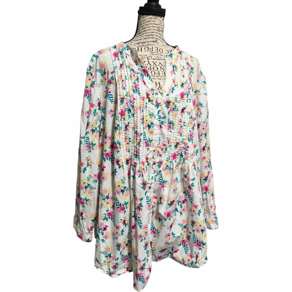Woman Within Pastel pretty floral Plus 2X Smocked Buttons Boho Cottagecore